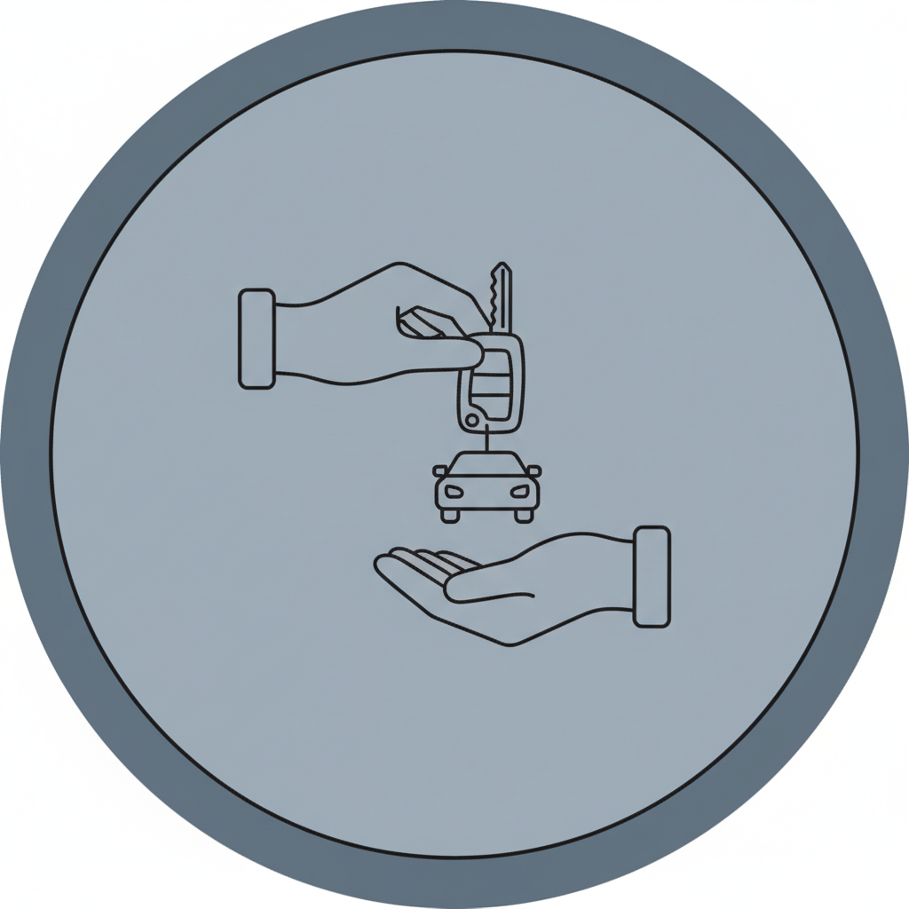 Icône ronde illustrant une remise de clés de voiture entre deux mains, style simple en ligne claire, fond uni sobre bleu/gris, tons cohérents avec un site de convoyage de véhicules professionnel