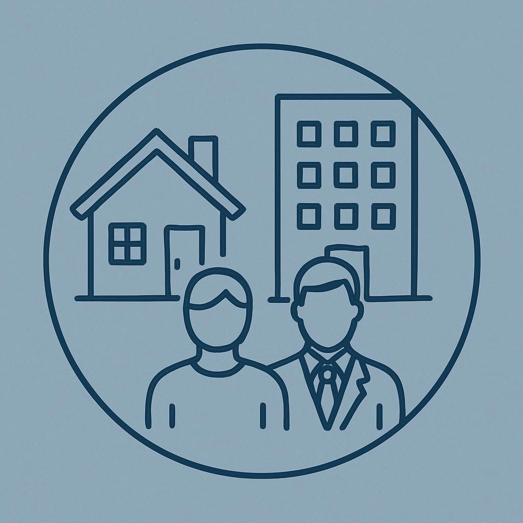 Icône ronde illustrant différents types de clients pour un service de convoyage de véhicules (maison + bâtiment professionnel stylisés ou personnages représentant particuliers et professionnels), style simple en ligne claire, fond uni sobre bleu/gris, tons cohérents avec un site de convoyage de véhicules professionnel