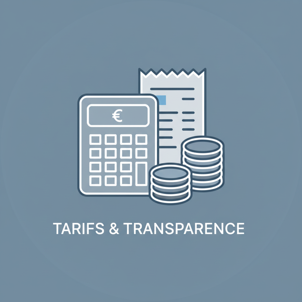Icône ronde illustrant le thème des tarifs et de la transparence des prix pour un service de convoyage de véhicules (pictogramme de calculatrice, ticket ou pièce de monnaie), style simple en ligne claire, fond uni sobre bleu/gris, tons cohérents avec un site de convoyage de véhicules professionnel