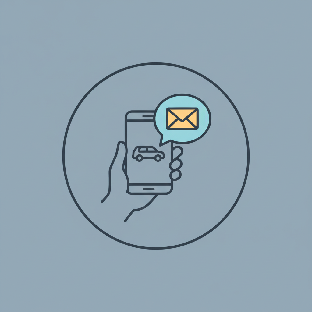 Icône ronde illustrant le contact humain et la communication pour un service de convoyage de véhicules (téléphone, bulle de dialogue ou enveloppe), style simple en ligne claire, fond uni sobre bleu/gris, tons cohérents avec un site de convoyage de véhicules professionnel